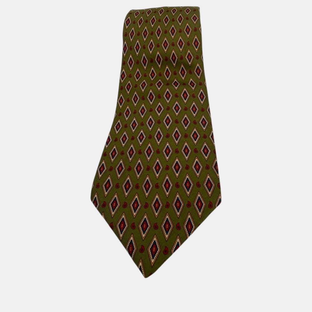 Vintage Italian Silk Tie Olive Green Geometric Necktie 1990s Savile